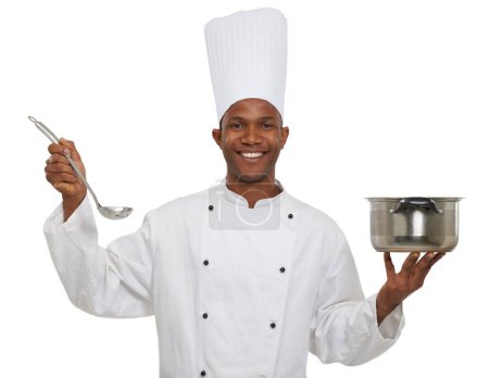 Photo for Portrait, african chef and pot with ladle in studio in hospitality career, taste and happy of dish in restaurant. Black man, smile and creative recipe in pride and uniform on a white background. - Royalty Free Image
