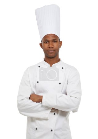 Photo for Portrait, african chef and confident in studio in hospitality career, cooking job and small business entrepreneur. Black man, arms crossed and food industry and uniform with hat by white background. - Royalty Free Image