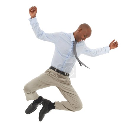 Photo for Happy black man, jump and joy for business, success or celebration on a white studio background. Excited young African male person leaping with smile in fashion or formal clothing on mockup space. - Royalty Free Image