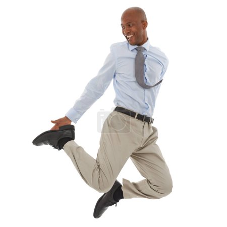 Photo for Happy businessman, jump and joy for success, freedom or celebration on a white studio background. Excited young black man leaping with smile in business fashion or formal clothing on mockup space. - Royalty Free Image