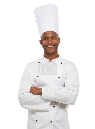 Photo for Portrait, african chef and happy in studio in hospitality career, young cook and small business entrepreneur. Black man, smile and arms crossed in confidence and uniform with hat by white background. - Royalty Free Image