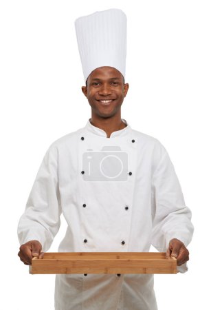Photo for Portrait, happy chef and tray in studio in hospitality career, young cook and pride in small business entrepreneur. Black man, face or food service in confidence or uniform by hat by white background. - Royalty Free Image
