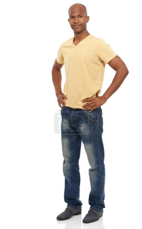 Photo for Portrait, fashion and black man with hands on his hips, stylish outfit and confident guy isolated on a white studio background. African person, mockup space and model with jeans and casual clothes. - Royalty Free Image
