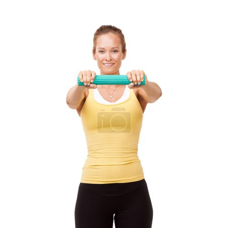 Photo for Happy woman, portrait and grip for resistance or arm exercise isolated against a white studio background. Young female person, athlete and band or tube in workout, training or fitness on mockup space. - Royalty Free Image