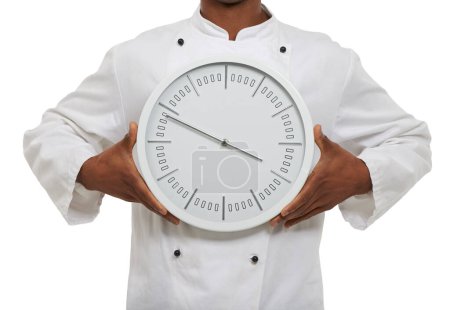 Photo for Chef, hands and clock for speed, time or deadline isolated on a white studio background. Closeup, cooking countdown or alarm, schedule or hour arrow for fast urgency in catering service at restaurant. - Royalty Free Image