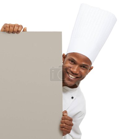 Photo for Portrait, banner or black man chef with studio poster for checklist, menu or space on white background. Bakery, presentation or baker face with food, cooking or tips billboard, guide or steps mockup. - Royalty Free Image