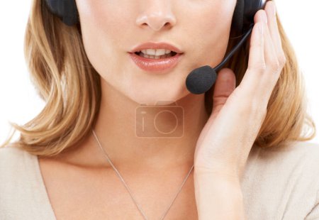Photo for Woman, call center and mouth in studio for communication, customer support and CRM questions on white background. Closeup face of telemarketing agent, consultant and microphone for FAQ, advice and IT. - Royalty Free Image
