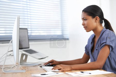 Photo for Woman, computer and planning a proposal, office and online research or internet connection. Black female person, typing and networking or digital marketing, email and project or report on technology. - Royalty Free Image