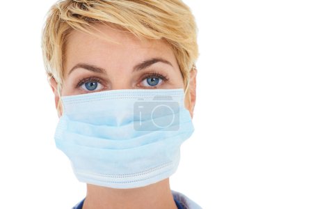 Photo for Woman, doctor and face mask for protection in portrait or studio, medicare and compliance by white background. Medical professional, healthcare and pandemic or safety ppe for disease and coronavirus. - Royalty Free Image