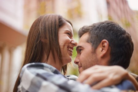 Photo for Love, hug and face of couple laughing together, having fun and enjoy outdoor date with care, support and humour. Comedy, funny joke and happy girlfriend, boyfriend or people bonding in urban city. - Royalty Free Image