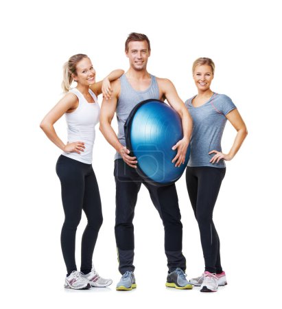 Photo for Fitness portrait, half ball and happy people for wellness, studio workout or pilates class with gym equipment. Team happiness, studio training and group smile for active exercise on white background. - Royalty Free Image