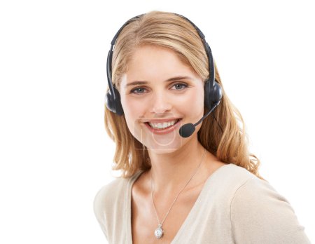 Photo for Woman, portrait and smile in studio for customer service, CRM questions and help at IT call center on white background. Happy telemarketing agent, consultant and microphone for FAQ, advice or contact. - Royalty Free Image