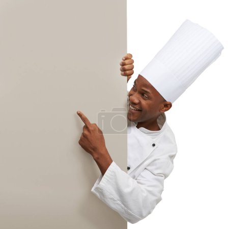 Photo for Banner, hand pointing or black man chef with studio poster for checklist, menu or space on white background. Bakery, presentation or baker with food, cooking or tips billboard, guide or steps mockup. - Royalty Free Image