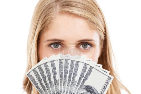 Photo for Face, eyes and woman with money fan, bonus for success or reward, cashback or lotto win on white background. Cash, award or salary with financial freedom, investment and portrait for winner in studio. - Royalty Free Image
