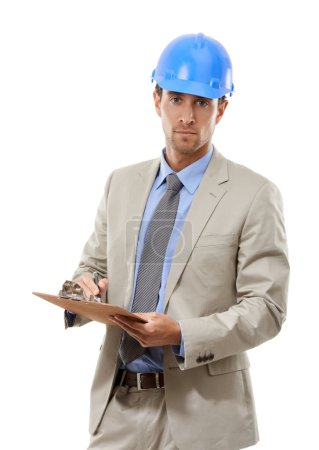 Photo for Businessman, portrait and architect with clipboard or hard hat for signing or inspection on a white studio background. Man, contractor or engineer with documents for architecture or construction. - Royalty Free Image