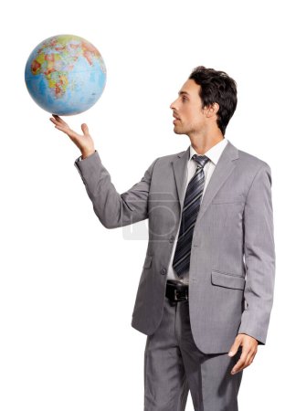 Photo for Business man with globe, planet or earth isolated on a white studio background. Person in suit, world map and geography, environment conversation and future protection, ecology and sustainability. - Royalty Free Image