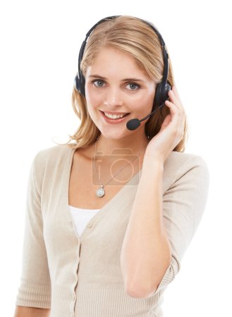 Photo for Call center, woman and portrait in studio for customer service, CRM questions or sales support on white background. Happy telemarketing agent, consultant and microphone for communication, FAQ or help. - Royalty Free Image