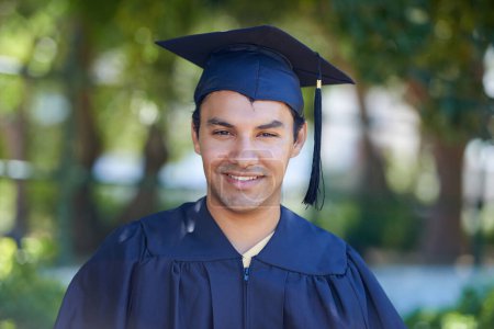 Photo for Graduation, portrait and man with smile to celebrate success, education and college scholarship outdoor. Happy university graduate, certified student and pride for achievement of award for knowledge. - Royalty Free Image