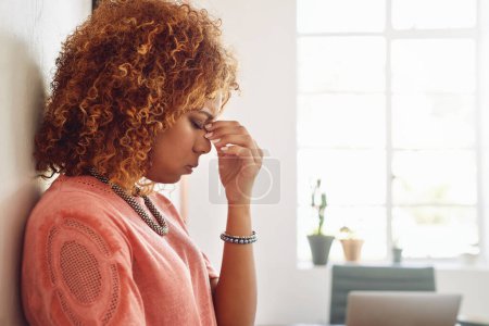 Photo for Headache, fatigue or woman in office for business crisis, report mistake or project deadline. Migraine pain, failure or frustrated worker working with depression, burnout or stress in workplace. - Royalty Free Image