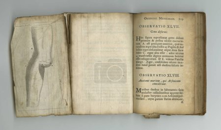 Photo for Antique medical page, information and library stamp for authorized research on medicine study, knowledge or pathology. Latin language, wisdom or parchment paper for healthcare education literature. - Royalty Free Image