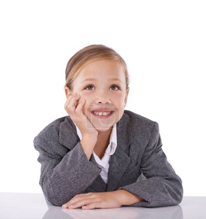 Photo for Child, thinking and business job in studio for future grownup goals for corporate, professional or white background. Female person, hand and thoughts for lawyer career dream, dress up or mockup space. - Royalty Free Image