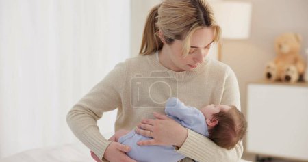 Photo for Mother, baby and nap with love, care and support for newborn in nursery with sleep. Young child, mom and family with youth and childcare with bonding and maternity in a home with infant and rocking. - Royalty Free Image