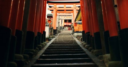 Photo for Stairs in Torii gate tunnel with temple, peace and mindfulness on travel with spiritual history. Architecture, Japanese culture and steps on orange path at Shinto shrine monument in forest in Kyoto. - Royalty Free Image