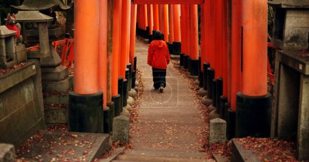 Téléchargez les photos : L'homme sur le chemin marchant dans la porte de Torii à Kyoto avec paix, pleine conscience et voyage avec l'histoire spirituelle. Architecture, culture japonaise et personne dans le tunnel orange au sanctuaire shintoïste dans la forêt de dos - en image libre de droit