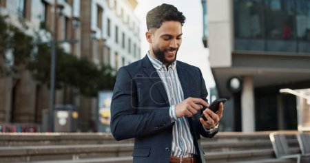 Photo for Outdoor, business and man with smartphone, typing and internet with connection, smile and network Outside, person and employee with cellphone, mobile user and social media with contact or digital app. - Royalty Free Image