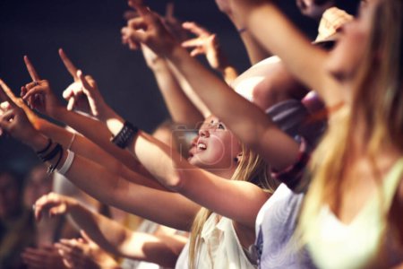 Téléchargez les photos : Soirée, concert et fans dansent sur la musique, la performance et le public avec énergie au festival. foule, le soutien et les gens étirant les mains dans la célébration ou la louange du rock, la culture ou excité à l'événement. - en image libre de droit