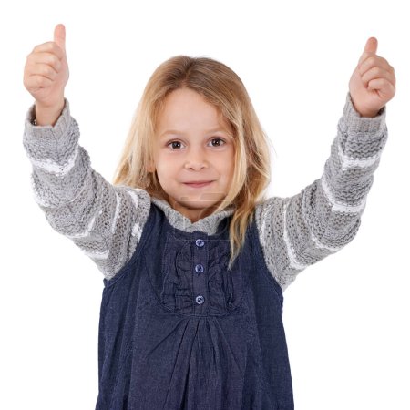 Photo for Thumbs up, happy and portrait of girl on a white background for success, good news and approve. Emoji, thank you and isolated young child with hand gesture for agreement, yes and like sign in studio. - Royalty Free Image