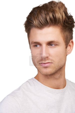 Photo for Thinking, face and man in studio for brainstorming, solution or answers on white background. Headshot, daydreaming and male model distracted by questions, why or problem solving, plan or ponder. - Royalty Free Image