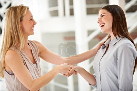 Photo for Handshake, smile and partnership with business women in the office for b2b deal or agreement. Welcome, thank you or interview with happy employee people shaking hands during a meeting for recruitment. - Royalty Free Image