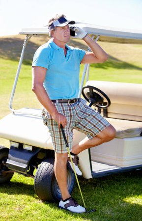 Photo for Man, phone call and golf cart on course for communication at sports training for professional player, talent or skill. Mature person, digital device and club on grass for weekend chat, hobby or pro. - Royalty Free Image