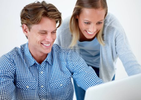 Photo for Happy couple, laptop and research for browsing web, social media or communication together at home. Man and woman smile on computer for good news, email or deal on promotion or online sale at house. - Royalty Free Image
