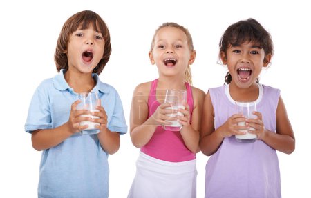 Photo for Happy, children and portrait with milk in glasses for nutrition, health and energy in white background of studio. Calcium, drink and kids smile with dairy, protein and benefits in diet for growth. - Royalty Free Image