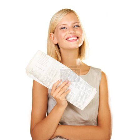 Photo for Happy woman, portrait and newspaper in literature, knowledge or reading on a white studio background. Female person or blonde smile with document or paper for education, information or news on mockup. - Royalty Free Image