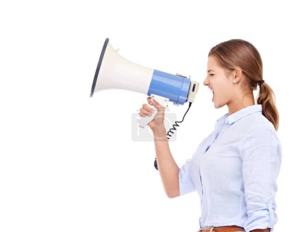 Photo for Megaphone, announcement and business woman shouting at company rally in studio isolated on white background. Protest, information and loudspeaker with young employee yelling on space for speech. - Royalty Free Image