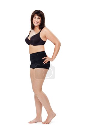 Photo for Portrait, happy and plus size woman in underwear in studio isolated on a white background mockup space. Smile of person, model and body positivity, self acceptance and confidence in natural beauty. - Royalty Free Image
