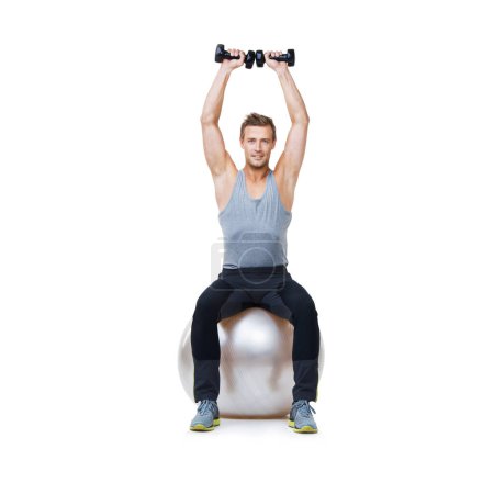 Photo for Dumbbells, ball or man in portrait on a white background mockup for workout performance or wellness. Strong male athlete, training equipment or fitness weights for exercise space, studio or balance. - Royalty Free Image