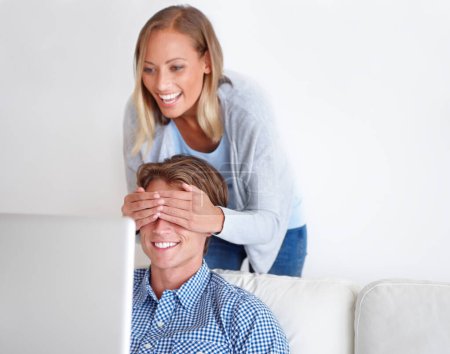 Photo for Laptop, eyes closed and couple on sofa in home for internet, online website and social networking. Happy, surprise and man and woman on computer for relaxing, streaming subscription and remote work. - Royalty Free Image