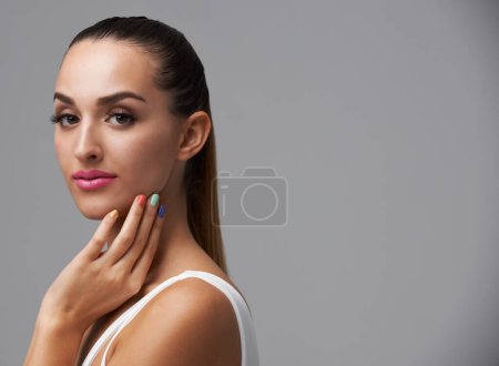 Photo for Cosmetics portrait, manicure color and woman with studio makeup, beauty care or creativity in hand paint design. Nail salon, fresh treatment and spa wellness girl with mockup space on grey background. - Royalty Free Image