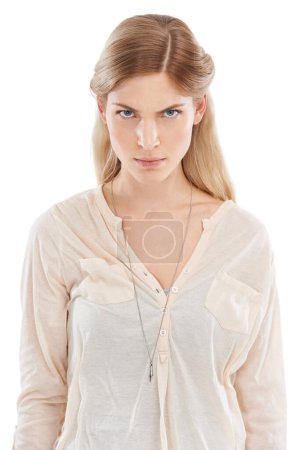 Photo for Portrait, angry and woman in studio frustrated, annoyed or posing with bad mood on white background. Problem, conflict and face of female model with emoji expression for tantrum, rage or aggression. - Royalty Free Image