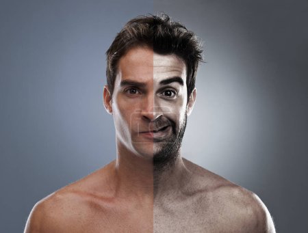 Photo for Man, beard and half face for hair removal improvement in studio for wellness, comparison or grey background. Male person, portrait and confident for shaving cleaning, transformation or mockup space. - Royalty Free Image