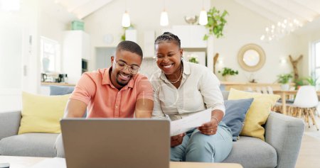 Photo for Technology, married couple celebrating and laptop on a sofa in living room of their home. Social media or online communication, success or high five and black people together happy for connectivity. - Royalty Free Image