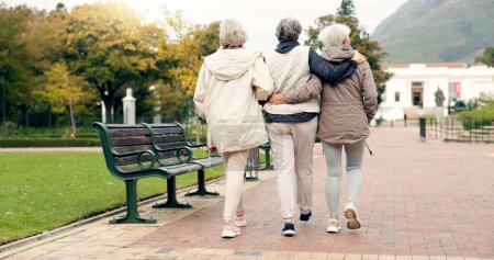 Photo for Senior friends, talking and walking together on an outdoor path to relax in nature with elderly women in retirement. Happy, people pointing and conversation in the park or woods in autumn or winter. - Royalty Free Image