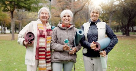 Foto de Mujeres mayores, amigos y yoga en el parque, fitness y sonrisa en retrato, salud y retiro juntos. Las mujeres en la naturaleza, alfombra de ejercicios y clases de pilates con pensión, comunidad y bienestar. - Imagen libre de derechos