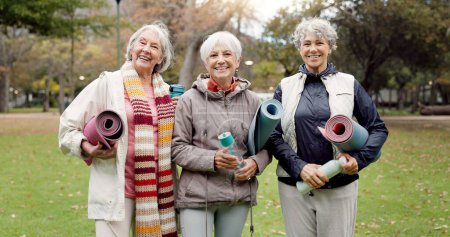Photo for Old women, friends and yoga in the park, fitness and smile in portrait, health and retirement together. Female people in nature, exercise mat and pilates class with pension, community and wellness. - Royalty Free Image