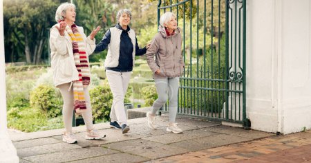 Photo for Senior friends, walking and talking together on an outdoor path to relax in nature with elderly women in retirement. People, happy conversation and healthy exercise in the park in autumn or winter. - Royalty Free Image