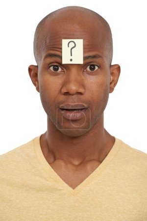 Photo for Portrait question mark sticker or black man with sign or doubt for decision, ideas or problem solving. Confused, face or model in studio with why icon, font or paper for solution on white background. - Royalty Free Image